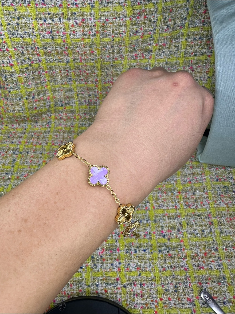 Gold Clover Bracelet with Lavender Enamel Accent by